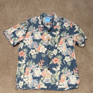 Tommy Bahama Navy Blue Floral Camp Shirt with Coral & Cream Accents Mens Medium
